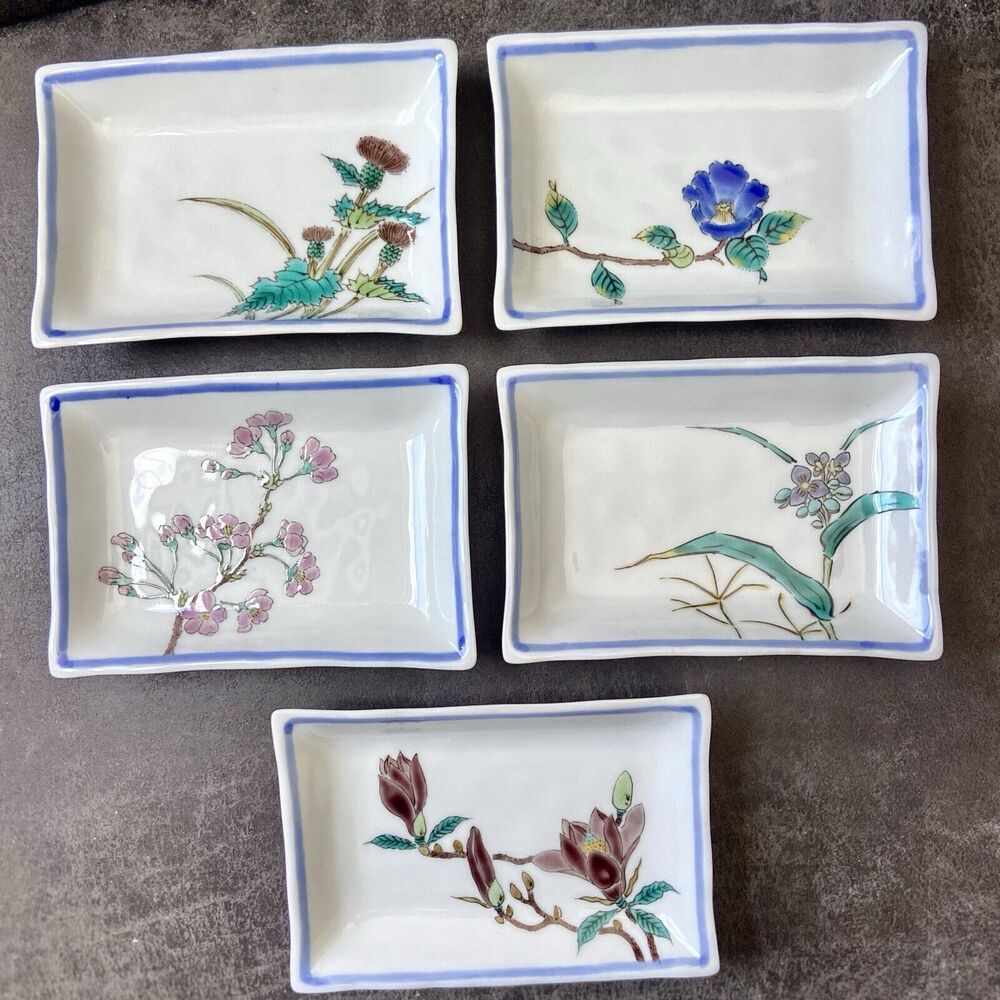 Vintage Kutani Yugaku Rectangle Plate Set Of 5 , Each Different Floral Design